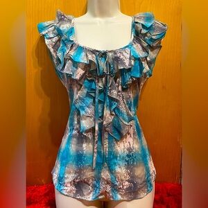 NWT Chelsea & Violet sheer cotton blouse,cap sleeve,ruffle neckline,blue/gray, S